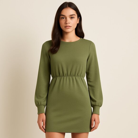 Olive Green Long Sleeve Knit Dress Empire Waist Puff Sleeve Small - Picture 1 of 10